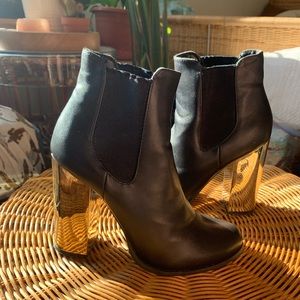 Black and gold chunky heeled booties